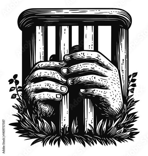 Hands Grasping Bars in Woodcut Style Artwork Symbolizing Imprisonment
