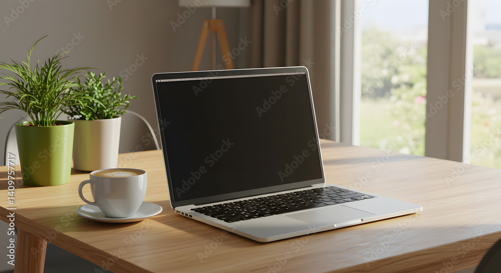 custom made wallpaper toronto digitalLaptop Workspace: Serene Minimalist Home Office Scene
