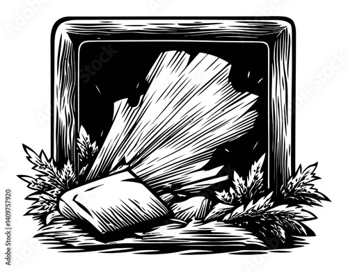 Detailed Woodcut Illustration of Broken Frame and Wood Shavings