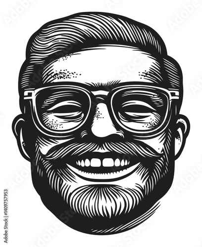 Detailed Vintage Woodcut Style Portrait of a Happy Man with Glasses