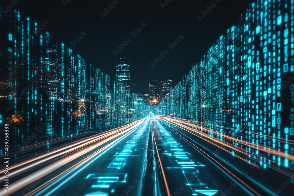Fototapeta premium Futuristic city highway glowing with digital data streams fast speed vibrant night scene