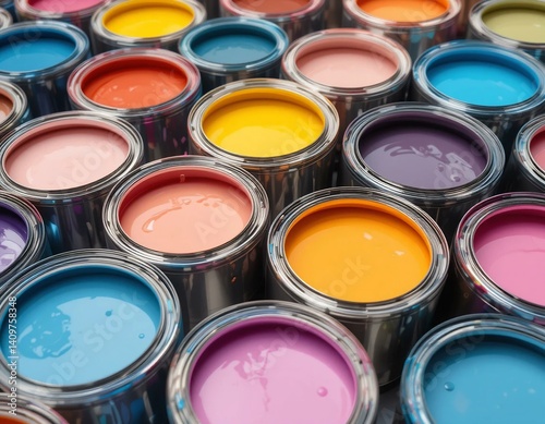Row of colorful paint cans with open lids.