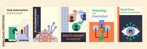 Agent as a Service focuses on AI orchestration with gears and charts, highlighting automation and collaboration. Neubrutalism style