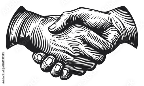 Vintage Woodcut Style Handshake Illustration for Collaboration Themes