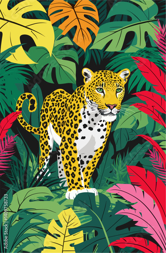 A colorful jungle scene with a leopard standing in the middle of it. The jungle is full of life and the leopard is the main focus of the image
