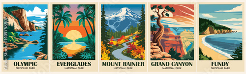 A collection of posters featuring various national parks and mountain ranges. The postcards include Olympic, Grand Canyon, Fundy 