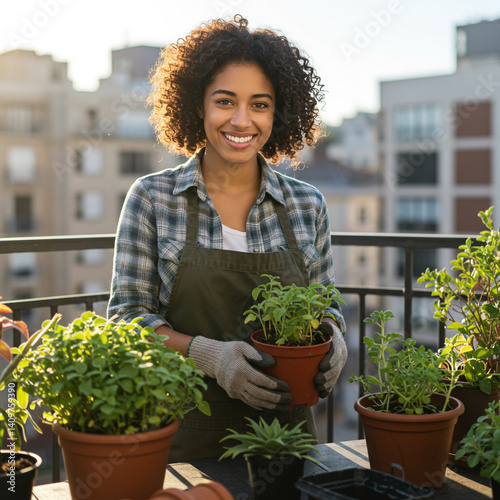 Happy Young Woman Gardener on Balcony