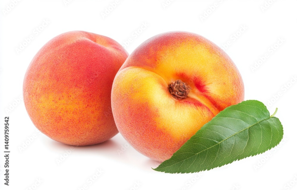 Fresh Peaches with Leaf Isolated on White Background for Culinary Use Fresh Peaches with Leaf Isolated on White Background for Culinary Use