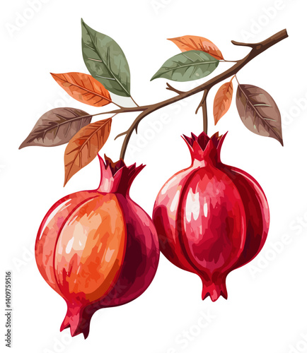 Watercolor style vector illustration of red pomegranate fruit isolated on white background