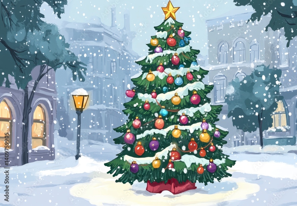 Obraz premium Festive Christmas Tree with Ornaments in Snowy Winter Scene