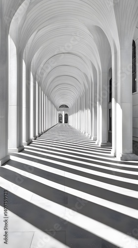 Sunlit Architectural Columns Corridor, Modern Building, Black and White