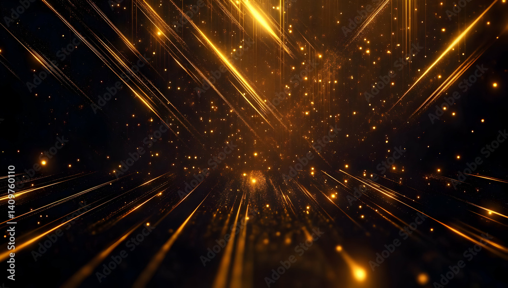 Fototapeta premium Stunning golden light streaks burst through the darkness, creating a mesmerizing visual explosion. Perfect for backgrounds or digital art projects.