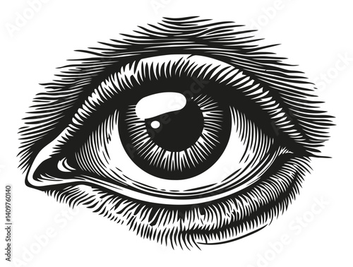 Intricate Black and White Woodcut Illustration of an Eye