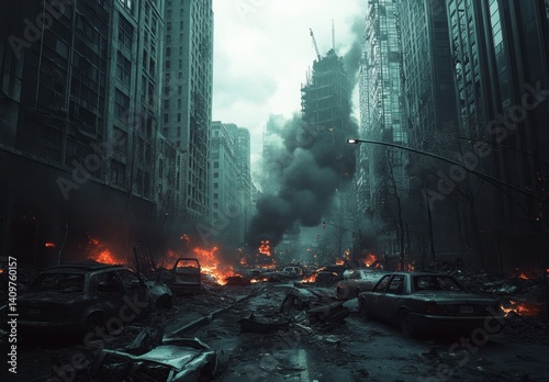 Desolate Urban Landscape After Catastrophic Event with Smoke and Fire