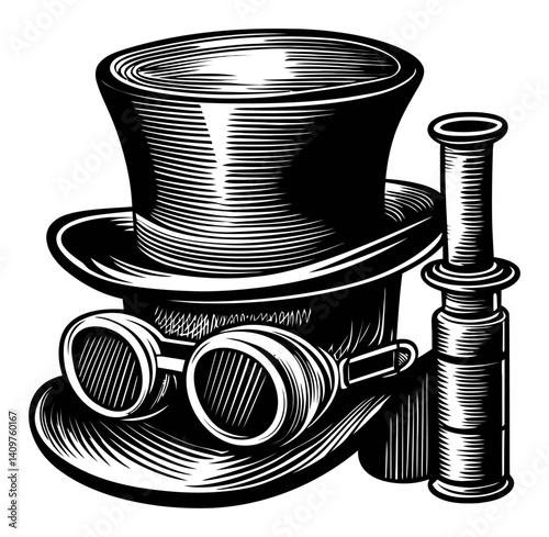 Vintage Top Hat and Goggles Woodcut Illustration in Black and White