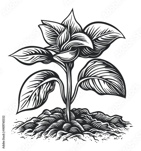 Detailed Black and White Woodcut of a Young Plant Growing