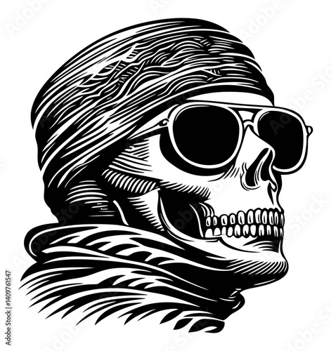 Intricate Woodcut of a Skull Wearing Sunglasses and Headscarf