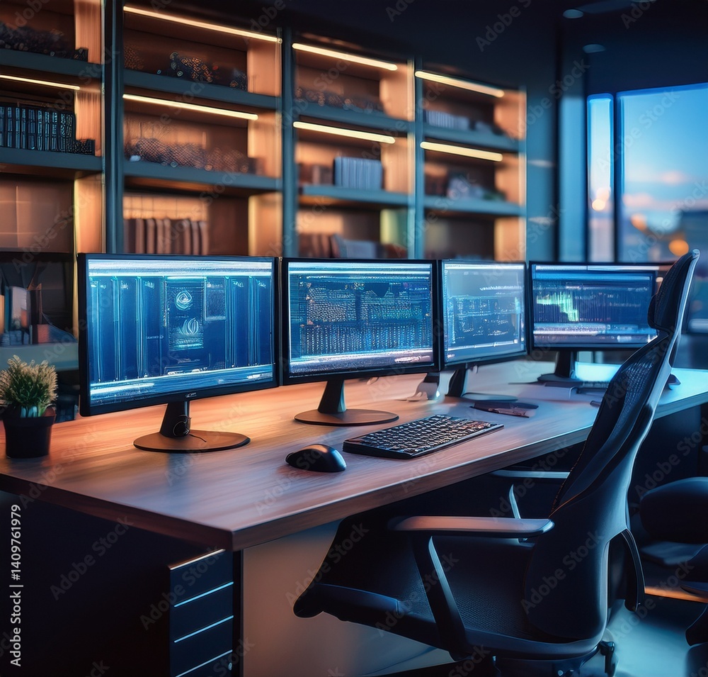 Modern Workplace with Multiple Monitors Displaying Data Analytics in a Stylish Home Office Modern Workplace with Multiple Monitors Displaying Data Analytics in a Stylish Home Office