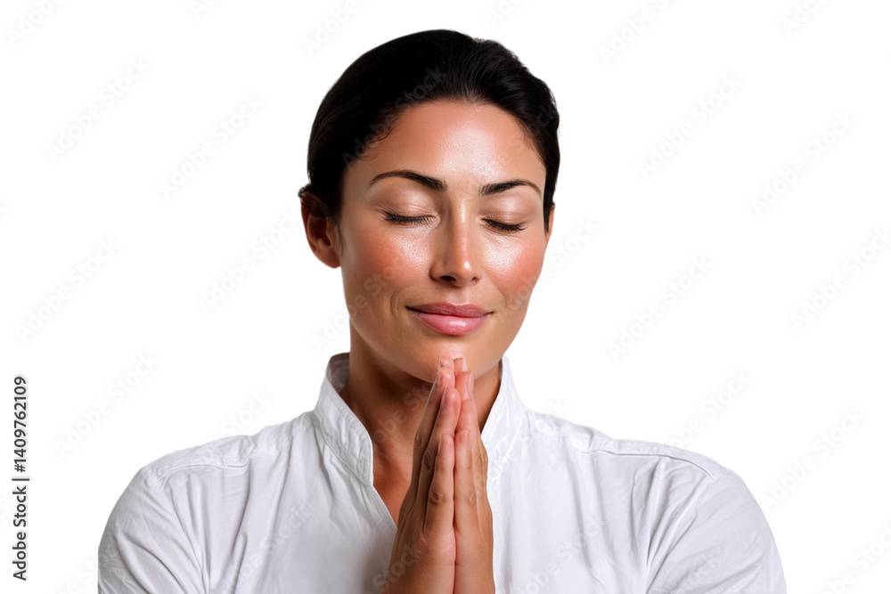 An intellectual middle-aged woman, wearing white clothes, meditating An intellectual middle-aged woman, wearing white clothes, meditating