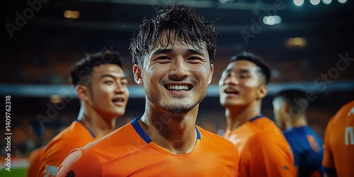 A man in an orange shirt is smiling and surrounded by other people