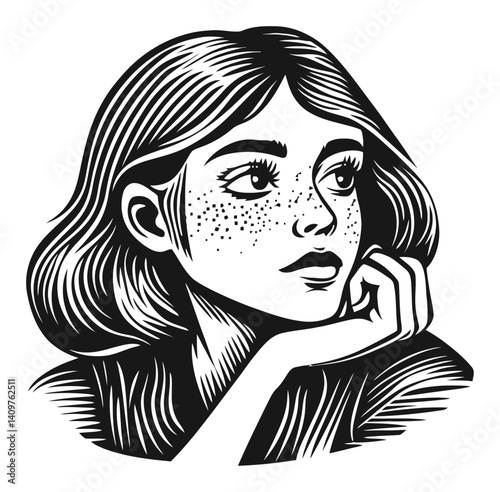 Thoughtful Young Woman Portrait in Woodcut Style Illustration