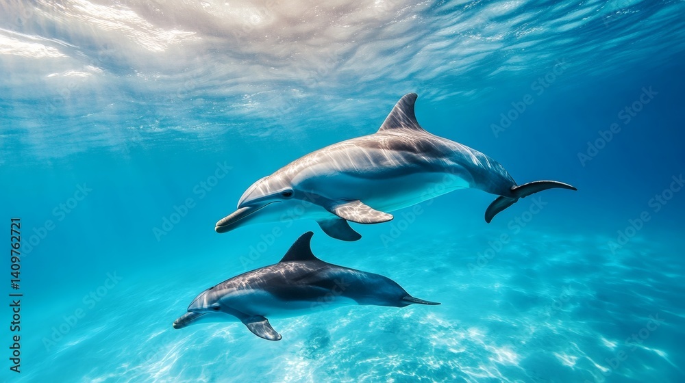 Fototapeta premium Dolphins swimming ocean coral reef sunlight marine life underwater nature
