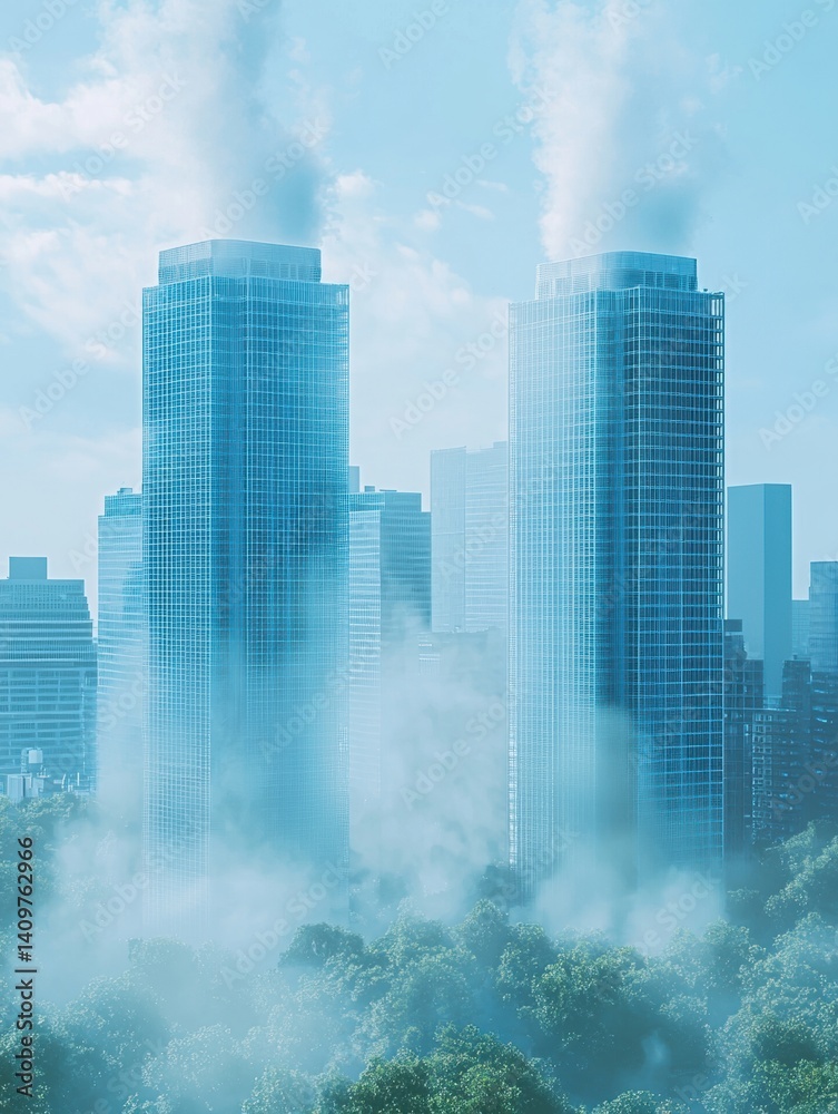 Fototapeta premium A pair of sleek skyscrapers emit steam, surrounded by trees and a hazy atmosphere, showcasing a modern urban landscape. pollution pm2.5