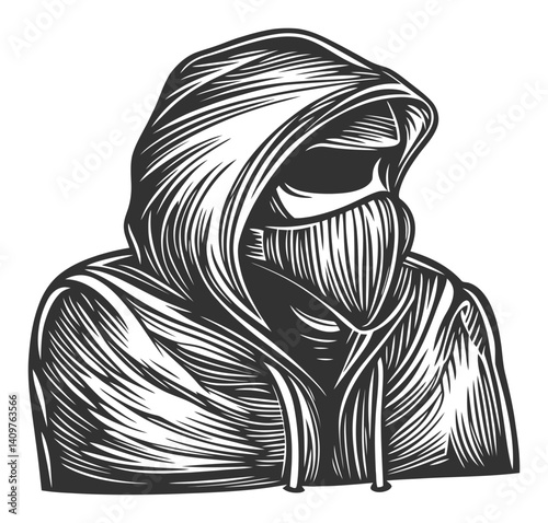 Mysterious Figure in Hoodie with Intricate Woodcut Style Artwork
