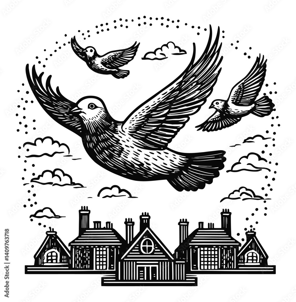 Obraz premium Detailed Woodcut of Birds Flying Over Traditional Houses
