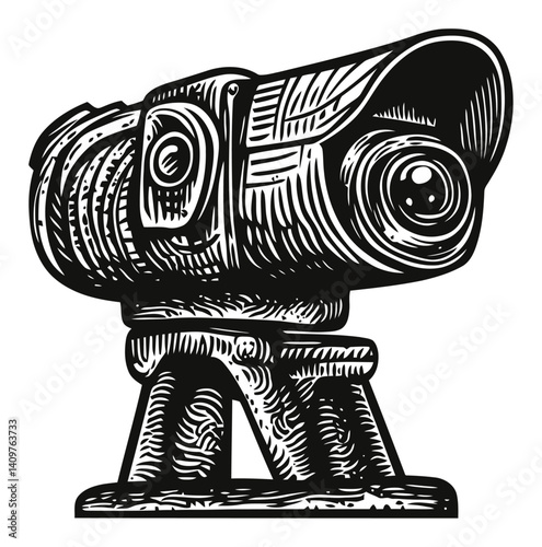 Vintage Woodcut Style Camera Illustration for Artistic Use