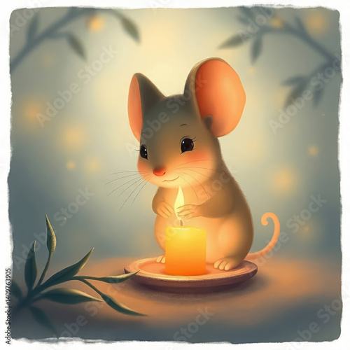 Adorable illustration of a little mouse gently holding a candle in a serene and cozy setting. The mouse's expression conveys warmth and curiosity, creating a tranquil scene.