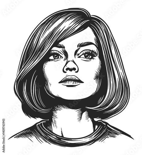 Elegant Female Portrait in Woodcut Style with Expressive Features