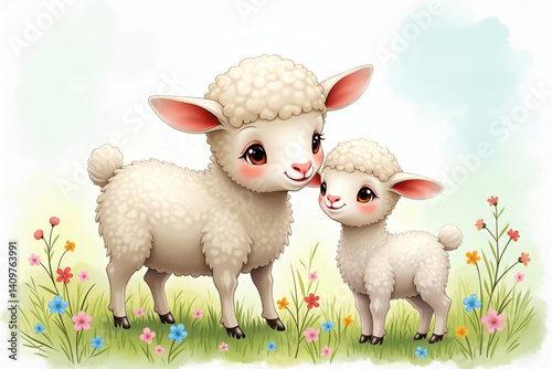 Adorable lamb and sheep standing in a field of colorful flowers, showcasing their sweet bond. Vector illustration perfect for child-friendly designs or nature-themed projects.