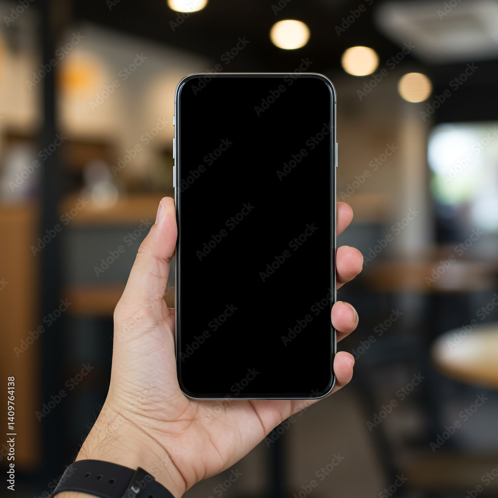 Hand Holding Mobile Phone Mockup in Blurred Cafe