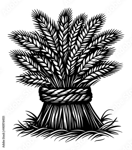 Black and White Woodcut Illustration of Wheat Sheaf Bundle
