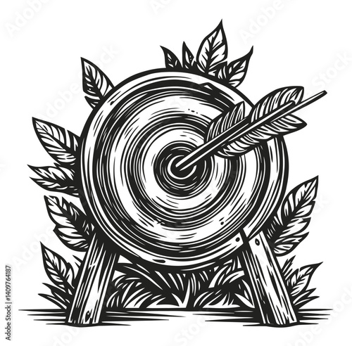 Detailed Woodcut Style Target with Arrow Surrounded by Leaves