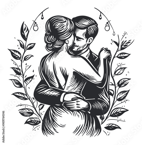 Romantic Woodcut Style Illustration of Couple Embracing Together