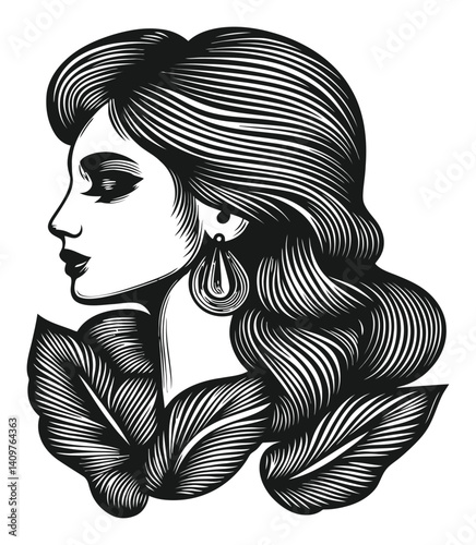 Elegant Woodcut Style Portrait of a Woman Surrounded by Leaves