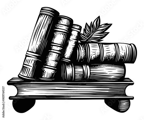 Classic Woodcut Illustration of Stack of Vintage Books