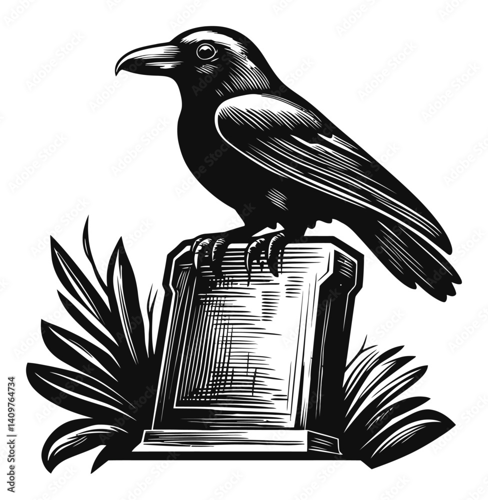 Naklejka premium Raven on Gravestone in Classic Woodcut Style Artwork