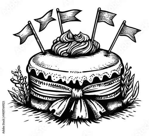 Vintage Woodcut Style Cake with Banners and Decorative Elements