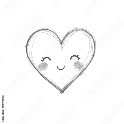 Adorable pencil sketch of a heart with a smiling face, featuring blushing cheeks and closed eyes. Simple, minimalist design perfect for Valentine's Day, love themes, and children's decor.