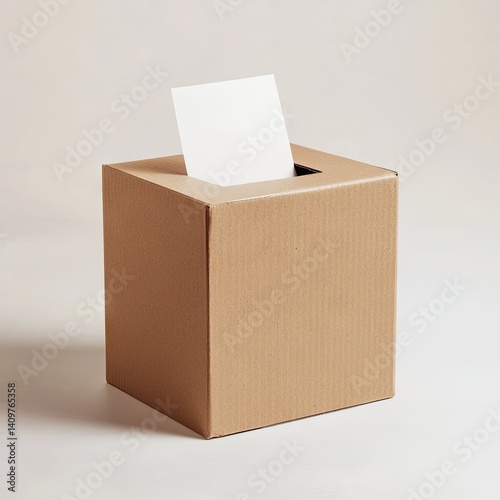 Cardboard ballot box with a blank white paper partially inserted into its slot