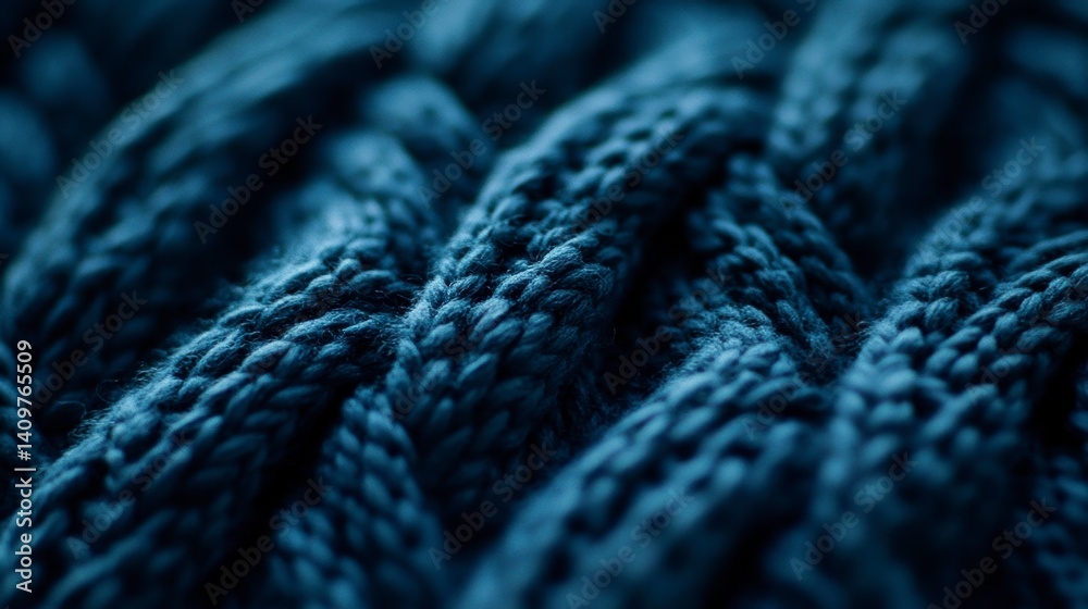 Close-Up of Textured Blue Knitted Fabric with Intricate Patterns Close-Up of Textured Blue Knitted Fabric with Intricate Patterns