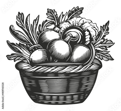 Vintage Woodcut Illustration of Fresh Produce in a Basket