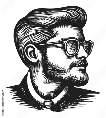 Stylish Man with Glasses in Vintage Woodcut Style Illustration