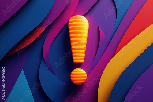 Warning issue notice concept. Colorful abstract design featuring an exclamation mark in a vibrant backdrop of wavy shapes.