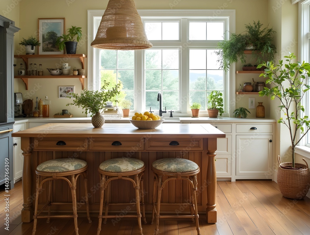 Fototapeta premium A lemon tree next to the window and a patterned barstool, a free bohemian feel 