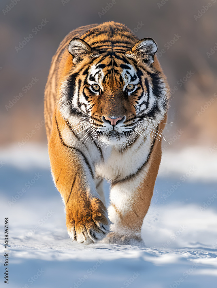 Obraz premium Majestic Tiger Walking Confidently Through Snowy Winter Forest Scene