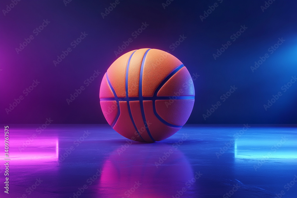 Basketball under vibrant neon lights glowing intensely Basketball under vibrant neon lights glowing intensely